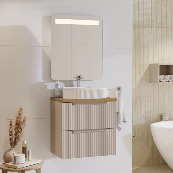Mobile bagno sospeso 60cm cannettato 2 cassetti beige rovere Cleany