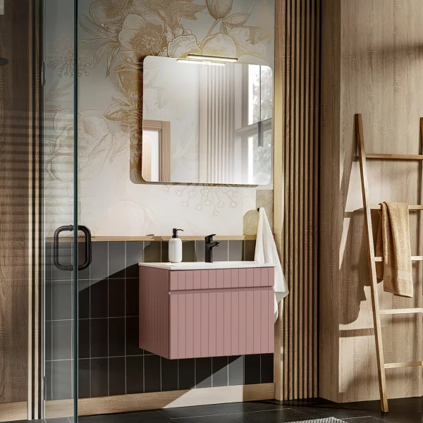 Mobile bagno sospeso 60cm cannettato con lavabo 1 cassettone rosa Autentic
