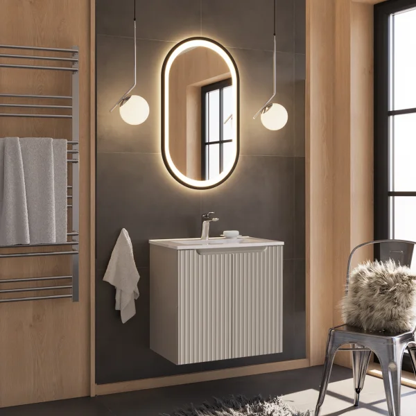 Mobile bagno sospeso 60cm cannettato con lavabo 2 ante beige Cleany
