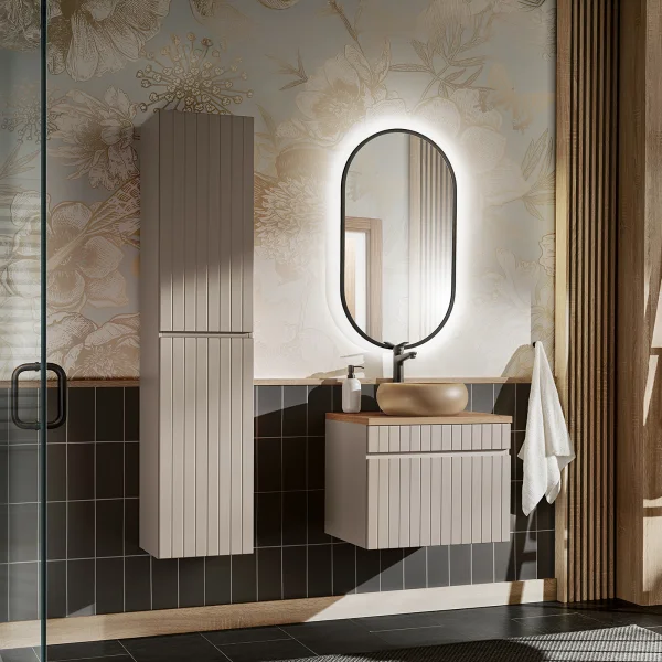 Mobile bagno sospeso 60cm cannettato con lavabo, colonna e specchio beige Autentic