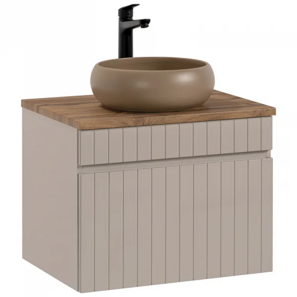 Mobile bagno sospeso 60cm cannettato con lavabo, colonna e specchio beige Autentic