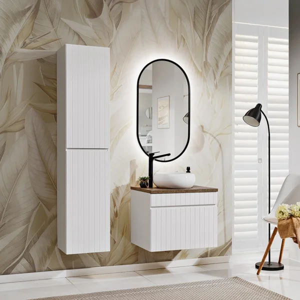 Mobile bagno sospeso 60cm cannettato con lavabo, colonna e specchio bianco Autentic