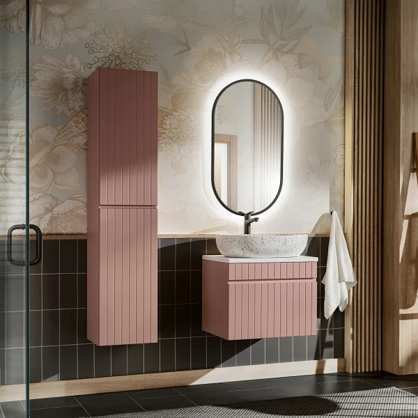 Mobile bagno sospeso 60cm cannettato con lavabo, colonna e specchio rosa Autentic