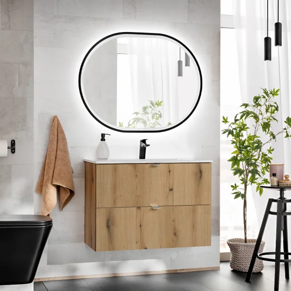Mobile bagno sospeso 80cm 2 cassetti con lavabo rovere Rovery