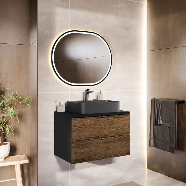 Mobile bagno sospeso 80cm 2 cassetti noce Walnuts