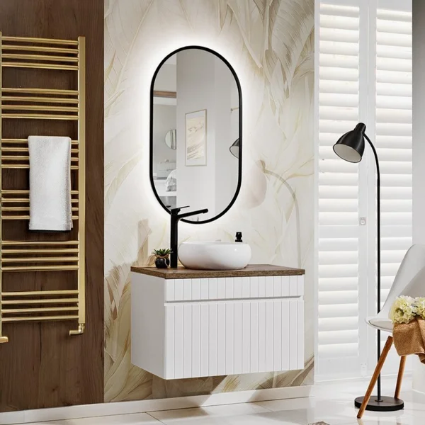 Mobile bagno sospeso 80cm cannettato 1 cassettone bianco quercia Autentic