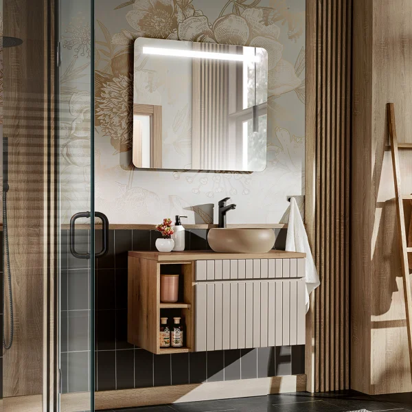 Mobile bagno sospeso 80cm cannettato 1 cassettone e vani beige Autentic