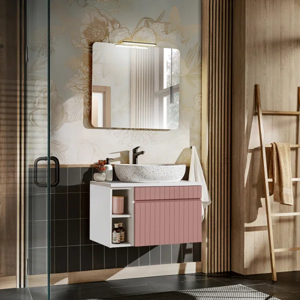 Mobile bagno sospeso 80cm cannettato 1 cassettone e vani rosa Autentic