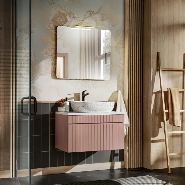 Mobile bagno sospeso 80cm cannettato 1 cassettone rosa Autentic