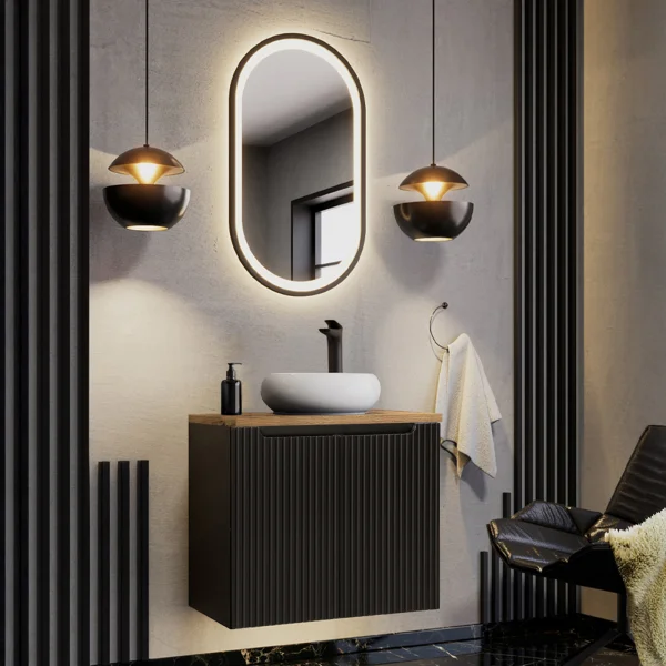 Mobile bagno sospeso 80cm cannettato 2 ante nero rovere Cleany