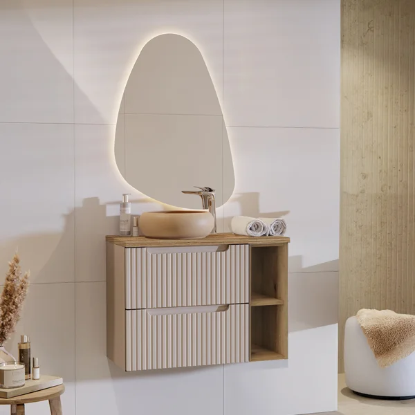 Mobile bagno sospeso 80cm cannettato 2 cassetti e vani beige rovere Cleany