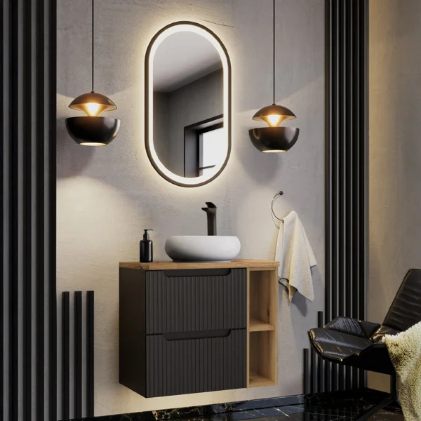Mobile bagno sospeso 80cm cannettato 2 cassetti e vani nero rovere Cleany