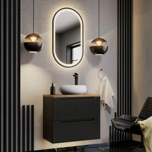 Mobile bagno sospeso 80cm cannettato 2 cassetti nero rovere Cleany