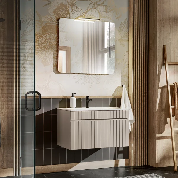 Mobile bagno sospeso 80cm cannettato con lavabo 1 cassettone beige Autentic