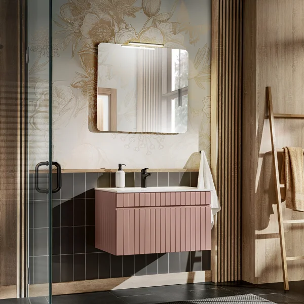 Mobile bagno sospeso 80cm cannettato con lavabo 1 cassettone rosa Autentic