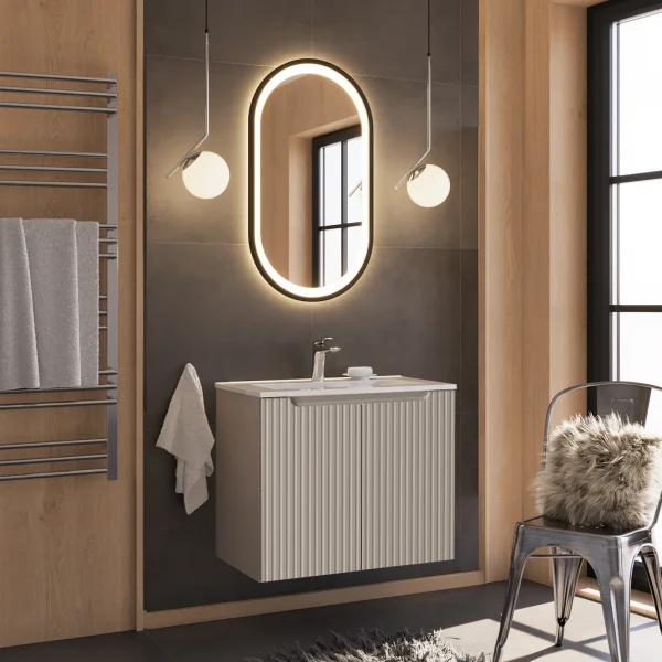 Mobile bagno sospeso 80cm cannettato con lavabo 2 ante beige Cleany