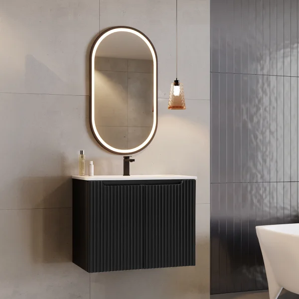 Mobile bagno sospeso 80cm cannettato con lavabo 2 ante nero Cleany