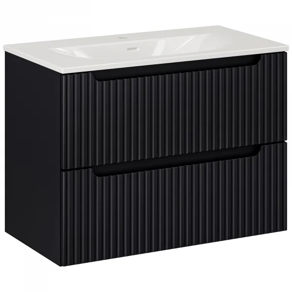 Mobile bagno sospeso 80cm cannettato con lavabo 2 cassetti nero Cleany
