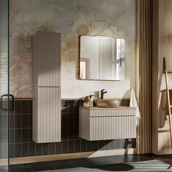 Mobile bagno sospeso 80cm cannettato con lavabo, colonna e specchio beige Autentic