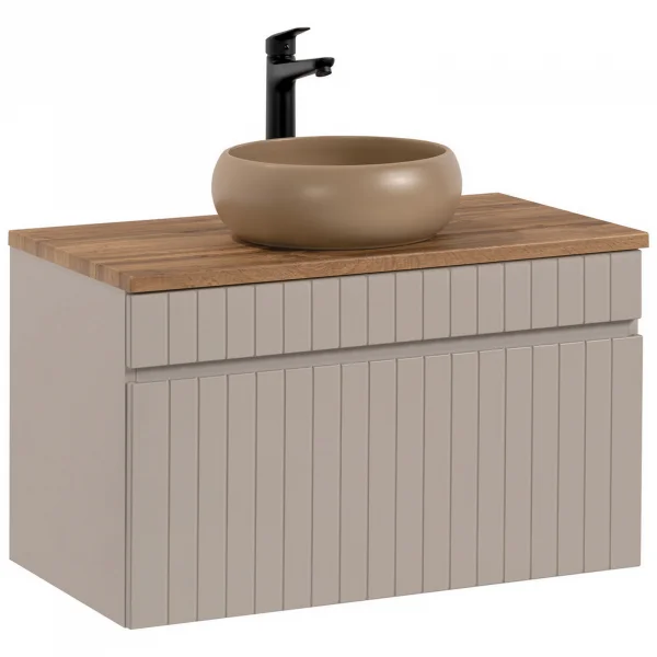 Mobile bagno sospeso 80cm cannettato con lavabo, colonna e specchio beige Autentic