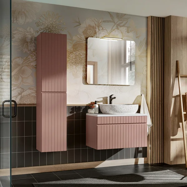 Mobile bagno sospeso 80cm cannettato con lavabo, colonna e specchio rosa Autentic
