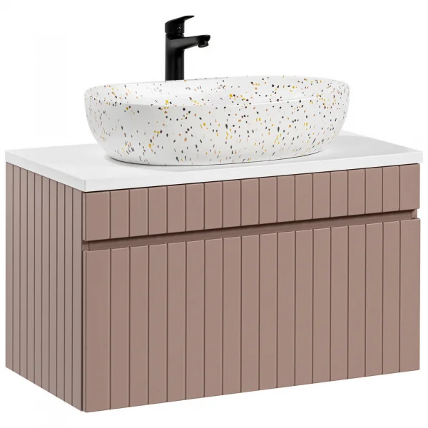 Mobile bagno sospeso 80cm cannettato con lavabo, colonna e specchio rosa Autentic