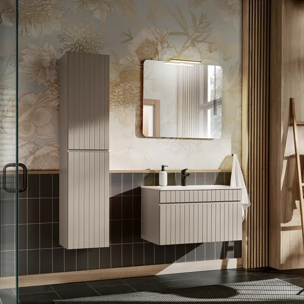 Mobile bagno sospeso 80cm cannettato con lavabo da incasso, colonna e specchio beige Autentic