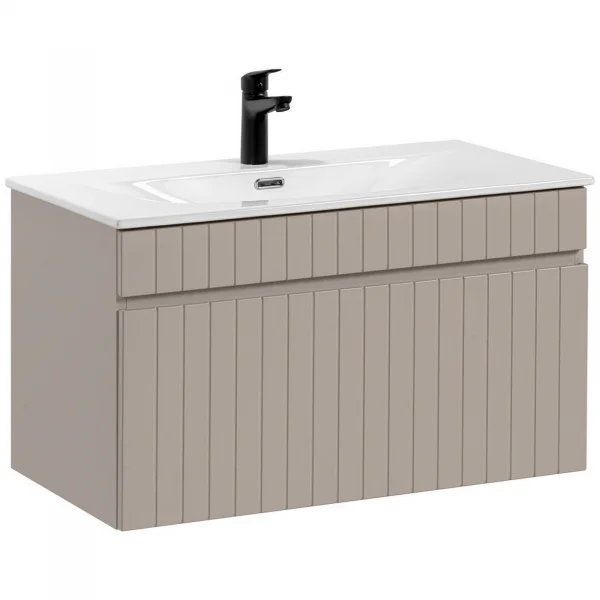 Mobile bagno sospeso 80cm cannettato con lavabo da incasso, colonna e specchio beige Autentic