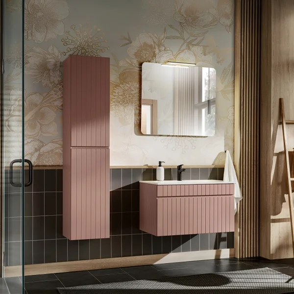 Mobile bagno sospeso 80cm cannettato con lavabo da incasso, colonna e specchio rosa Autentic