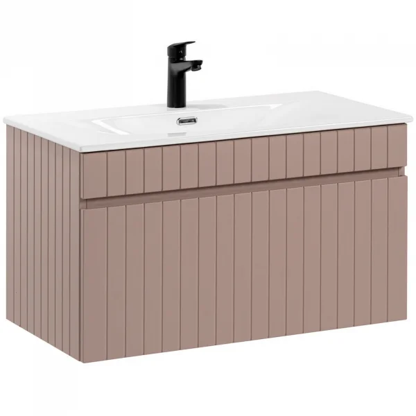 Mobile bagno sospeso 80cm cannettato con lavabo da incasso, colonna e specchio rosa Autentic