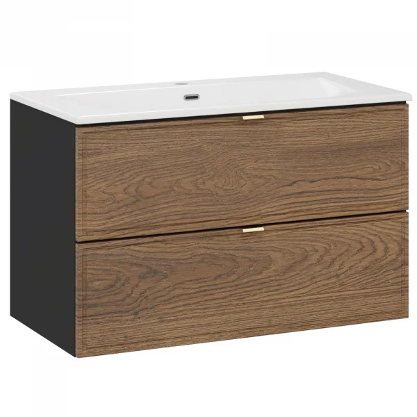 Mobile bagno sospeso 80cm con lavabo 2 cassetti noce Walnuts