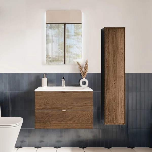 Mobile bagno sospeso 80cm con lavabo e colonna noce Walnuts
