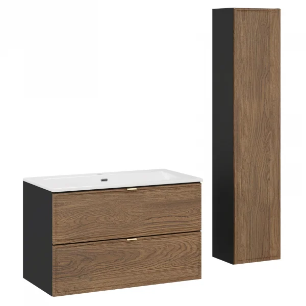 Mobile bagno sospeso 80cm con lavabo e colonna noce Walnuts