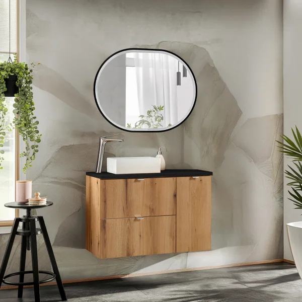 Mobile bagno sospeso 90cm 2 cassetti 1 anta rovere nero Rovery