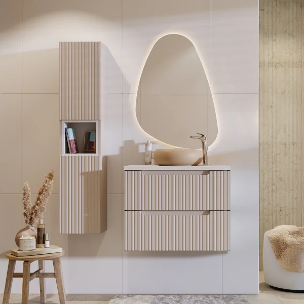 Mobile bagno sospeso cannettato 130cm con lavabo e colonna beige bianco Cleany