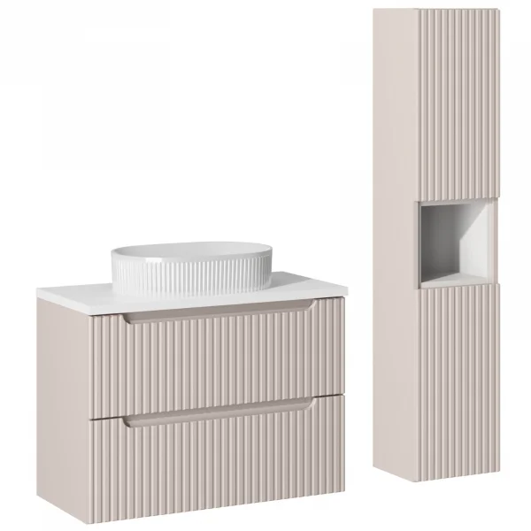 Mobile bagno sospeso cannettato 130cm con lavabo e colonna beige bianco Cleany