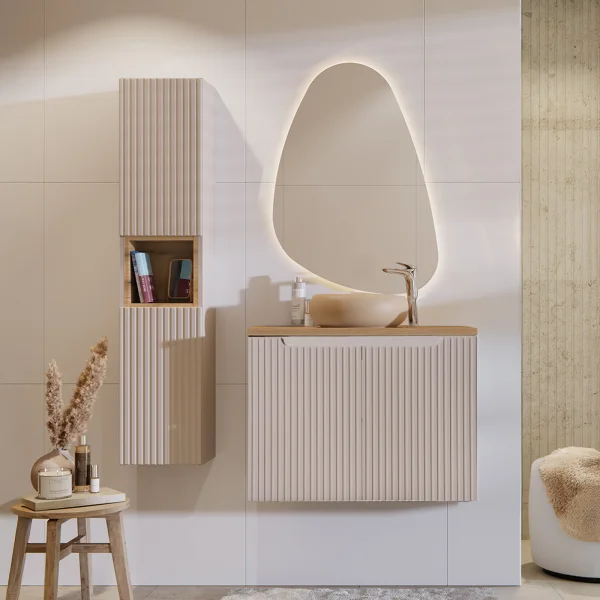 Mobile bagno sospeso cannettato 130cm con lavabo e colonna beige rovere Cleany