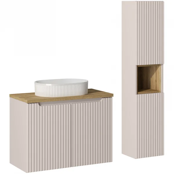 Mobile bagno sospeso cannettato 130cm con lavabo e colonna beige rovere Cleany