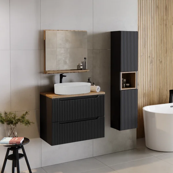 Mobile bagno sospeso cannettato 130cm con lavabo e colonna nero rovere Cleany