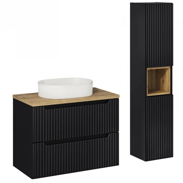 Mobile bagno sospeso cannettato 130cm con lavabo e colonna nero rovere Cleany