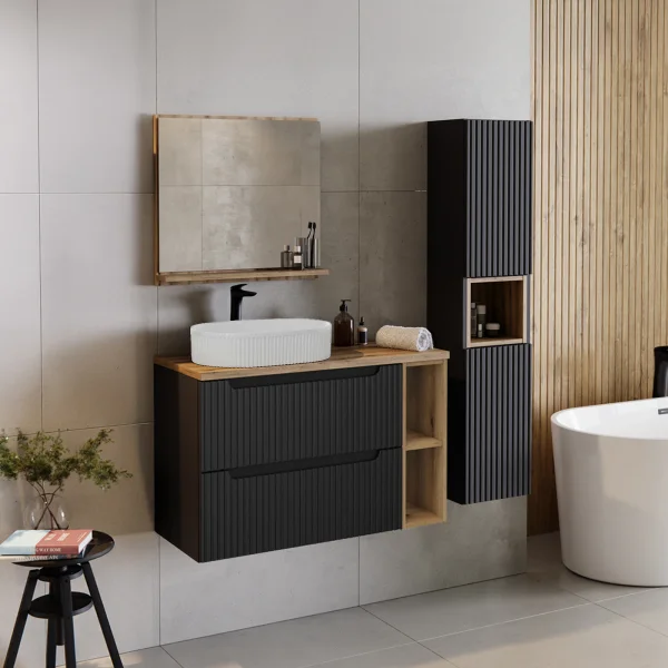 Mobile bagno sospeso cannettato 150cm con lavabo e colonna nero rovere Cleany