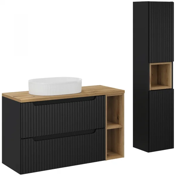 Mobile bagno sospeso cannettato 150cm con lavabo e colonna nero rovere Cleany