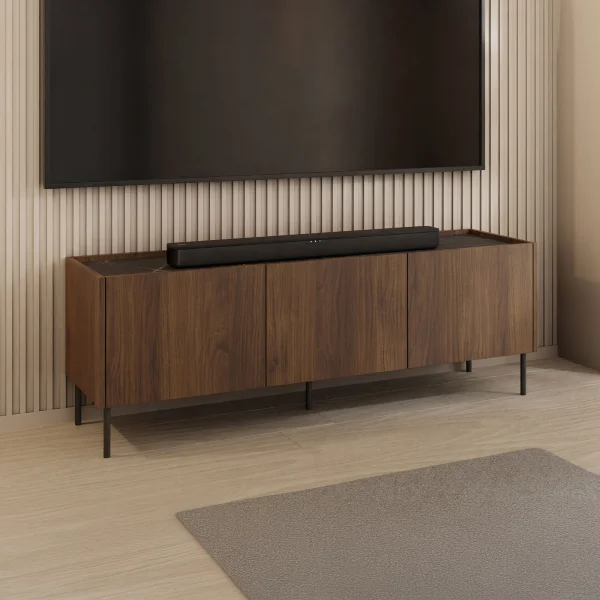 Mobile porta TV 144x50h cm 3 ante piano effetto marmo nero noce Caliva
