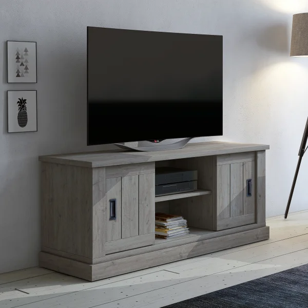 Mobile porta TV 145x60h cm 2 ante scorrevoli 2 vani a giorno rovere grigio nero Islen