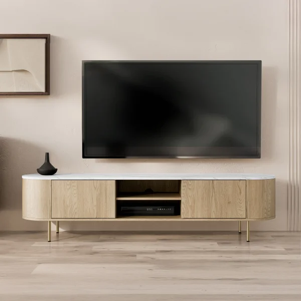 Mobile porta tv 184x45h cm 2 vani rovere effetto marmo bianco Roundi