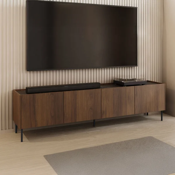 Mobile porta TV 200x50h cm 4 ante piano effetto marmo nero noce Caliva