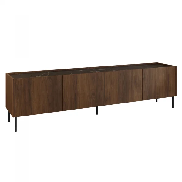 Mobile porta TV 200x50h cm 4 ante piano effetto marmo nero noce Caliva