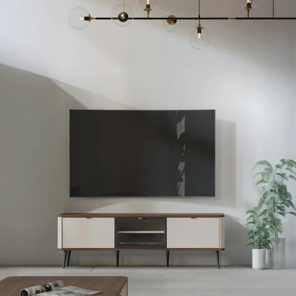 Mobile porta TV con anta vetrata 160x52 cm 3 ante a ribalta beige cashmere noce Arden