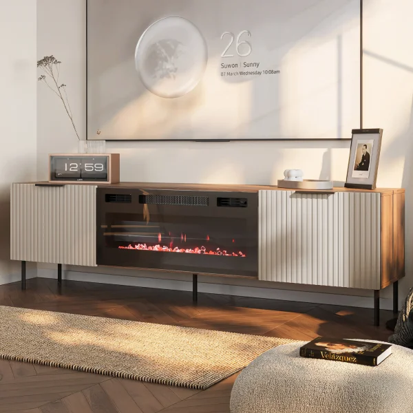 Mobile porta TV con caminetto 181x53h cm 2 ante beige cashmere noce Serenia