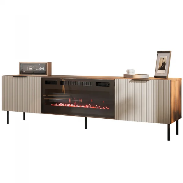 Mobile porta TV con caminetto 181x53h cm 2 ante beige cashmere noce Serenia